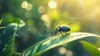 A beetle perched on the edge of a leaf, its iridescent shell shimmering in the sunlight against the backdrop of verdant greenery.