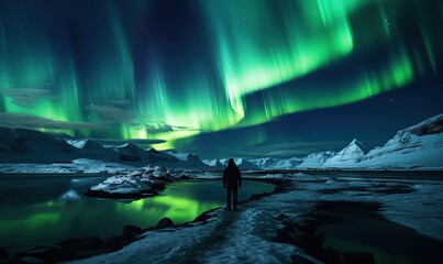silhouette of a hiker admiring the view sky with stars and green aurora borealis. northern lights