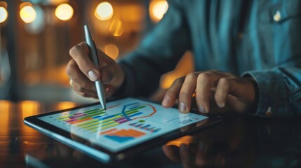 Canvas Print - A businessman analyzing a colorful line graph on a digital tablet in a modern office setting, symbolizing financial strategy and growth.