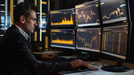 Aufkleber - A businessman analyzing gold market data on a desktop computer with multiple monitors displaying charts and graphs, symbolizing investment expertise.