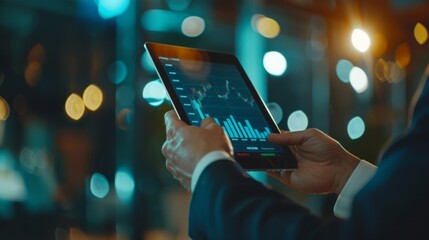 Leinwandbilder - A businessman analyzing stock market graphs and charts on a digital tablet, symbolizing informed decision-making and investment strategy.