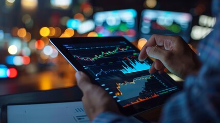 Leinwandbilder - A businessman analyzing stock market graphs and charts on a digital tablet, symbolizing informed decision-making and investment strategy.