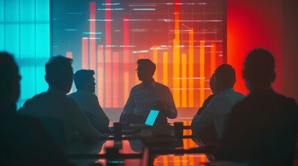 Poster - A businessman presenting a financial report on a projected screen to his team, emphasizing leadership and communication in business meetings.