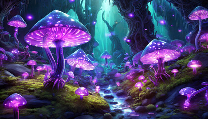 Forest filled with purple glowing mushrooms and luminescent insects.