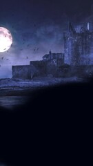 Wall Mural - vertical dark lake castle with bats flying 4k loop features an old castle by an eerie lake and full 