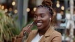 Portrait Of A Smiling Black Female Entrepreneur Having A Phone Conversation, Background HD For Designer        
