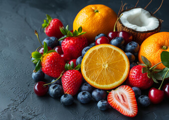 Wall Mural - A colorful assortment of fruit including strawberries, blueberries, oranges, and coconuts.
