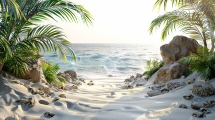 A beach scene with palm trees and a rocky shore