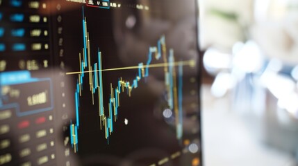 Aufkleber - A close-up of a computer screen showing a candlestick chart with indicators, representing technical analysis and trading strategies in the stock market.