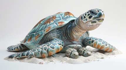 Wall Mural - A turtle laying on the sand with a baby turtle in its mouth