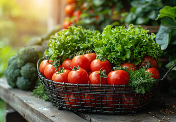 Wall Mural - A basket of tomatoes and lettuce sits on a wooden table. The basket is filled with a variety of vegetables