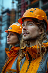 Wall Mural - Two construction workers wearing orange safety gear and hard hats. One of them is smiling. Scene is positive and cheerful