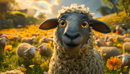 Wall Mural - A sheep with a black face is standing in a field of flowers. The sheep is surrounded by other sheep, and the scene is bright and cheerful