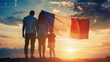 Patriotic Family Holding French Flag at Sunset