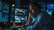© JP STUDIO LAB - High-stakes trading scenario with a tense stock market trader observing turbulent market data on screens, in an office setting at night