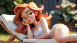 Cartoon , 3d animiert,  Rothaarige Frau beim Sonnenbaden auf einer Liege . KI Generated