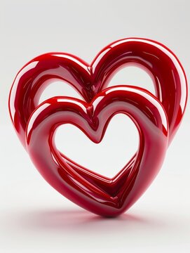  3d red heart icon on white background, 2 hearts intertwined in shape of love symbol