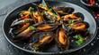Sensory Delight Succulent Grilled Mussels on Elegant Black Plate, Authentic Mediterranean Cuisine
