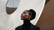 Fashionable portrait of stylish black woman, minimalism design architecture of a modern building