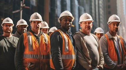 A diverse group of construction workers in hard hats and vests,