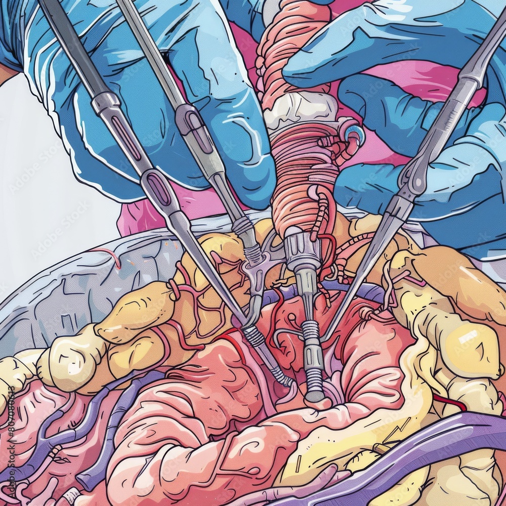 Schematic and colorful illustration of an appendectomy, focusing on the ...