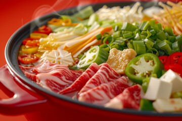 A bowl of assorted food, including meat, vegetables, and fruit