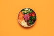 Healthy take away salad with vegan meatballs, vegetables, couscous and beetroot hummus  in disposable eco friendly paper containers on orange background, top view