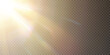 Sun rays. Vector sunlight with glare. Golden flash png. . Glare from the sun, dawn, light effect on a transparent background. Vector illustration.