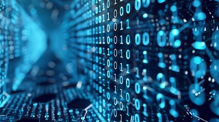 Vertical stream of binary numbers in a hexagonal frame, simulating data flow, perfect for cybersecurity themes