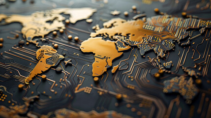 Printed circuits arranged in a network pattern on a world map, symbolizing data transfer,