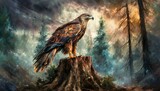 Fototapeta  - Hawk resting on a tree stump in dramatic forest wilderness