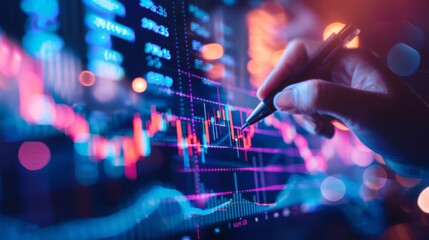 Poster - A hand drawing an upward trending line on a stock market graph, symbolizing optimism and growth potential in investment opportunities.