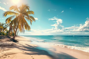 Beach with palm trees and sea on a clear day