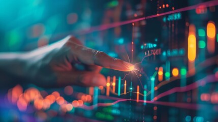 Leinwandbilder - A hand pointing at a rising trend line on a financial graph, symbolizing opportunity and growth potential in business investments.