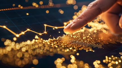 Leinwandbilder - A hand pointing at a rising trend line on a gold price graph, symbolizing optimism and potential in gold investments amid economic uncertainties.
