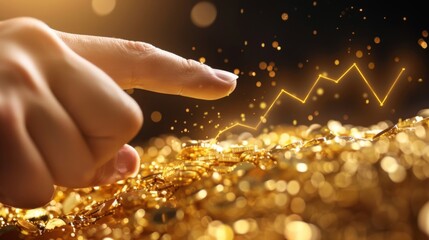 Leinwandbilder - A hand pointing at a rising trend line on a gold price graph, symbolizing optimism and potential in gold investments amid economic uncertainties.