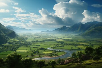 Wall Mural - Sri Lanka landscape. Majestic Lush Green Valley with Meandering River and Mountain Background.