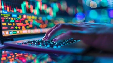 Aufkleber - A hand typing on a keyboard with a stock market trading platform on the computer screen, emphasizing the importance of information technology in trading.
