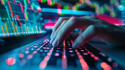 Aufkleber - A hand typing on a keyboard with a stock market trading platform on the computer screen, emphasizing the importance of information technology in trading.