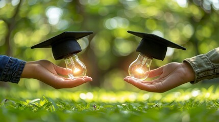 Wall Mural -   A pair of hands, one holding a light bulb and the other a graduation cap, in front of a forest