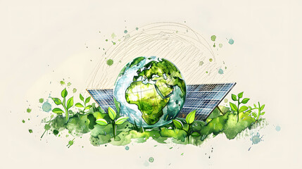 Wall Mural - Sketch of green globe and solar panels, green and renewable energy concept, giving importance to the environment and solving global warming problems