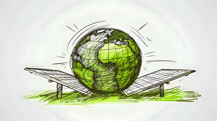 Wall Mural - Sketch of green globe and solar panels, green and renewable energy concept, giving importance to the environment and solving global warming problems