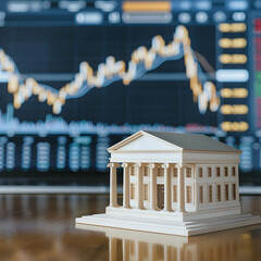 Wall Mural - Bank model on the table with stock market background, financial institutions that control monetary and fiscal policy and interest rate, investing in bank sector on stock market