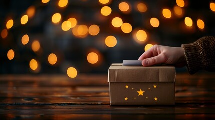 Sticker -   A hand, holding a sheet of paper, hovers before a container bearing a golden star