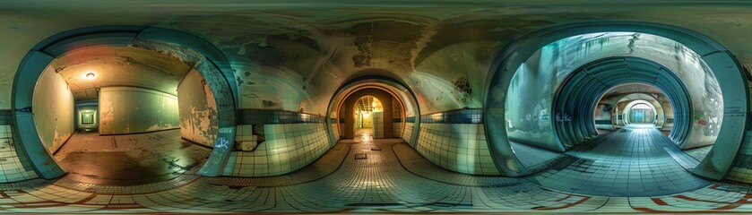 A long, concrete hallway with arched doorways and a green tiled floor.