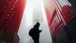 © Nick - Silhouette of man with backpack stands in middle of glass office buildings foggy sky low angle shot reflective mirror