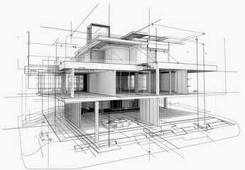 Poster - Wireframe rendering of a contemporary house with technical details