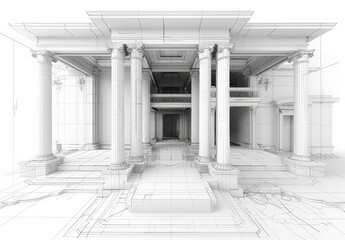Poster - Wireframe rendering of a contemporary house with technical details