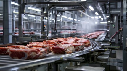 Wall Mural - Interior of a meat processing plant with conveyor belts transporting packaged meat into a freezing room for storage.