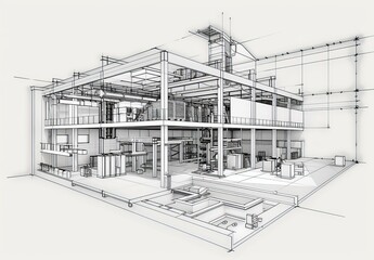 Wall Mural - Wireframe rendering of a contemporary house with technical details